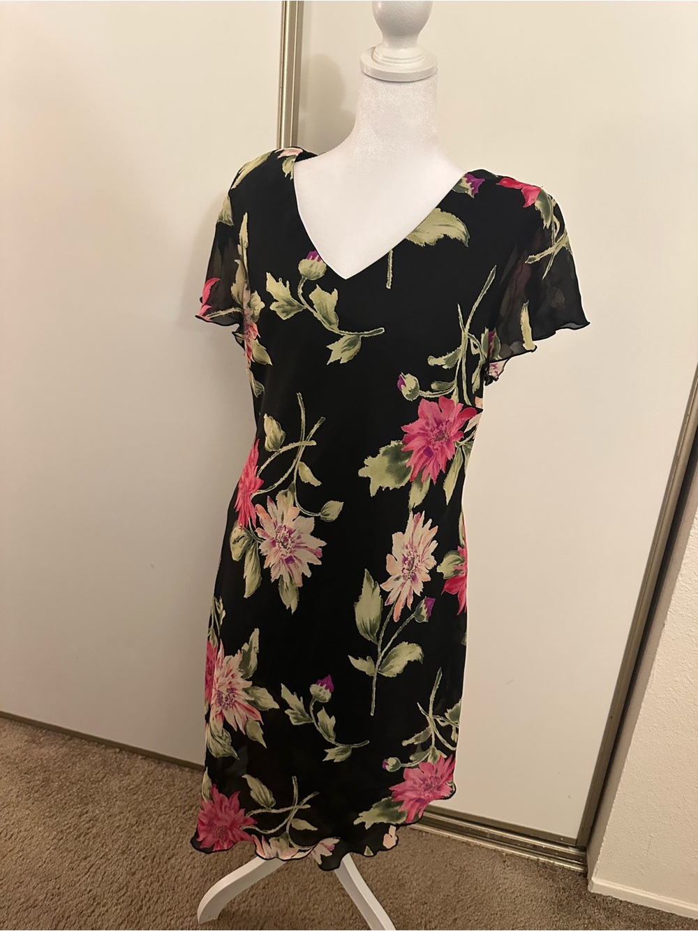 dressbarn Black Asymmetrical Floral V-Neck Dress with Pink Blooms